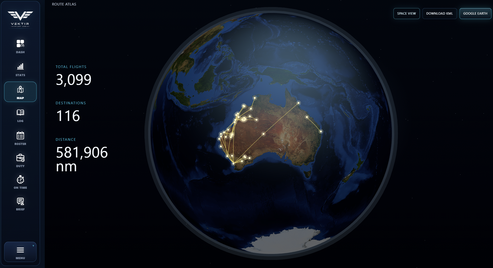 Vektir route atlas with flight paths and airports