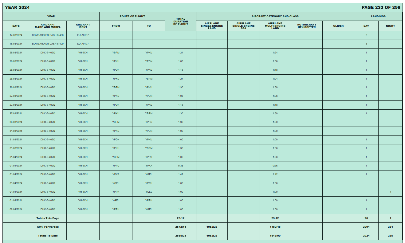 FAA logbook format preview with flight category, route and landing columns