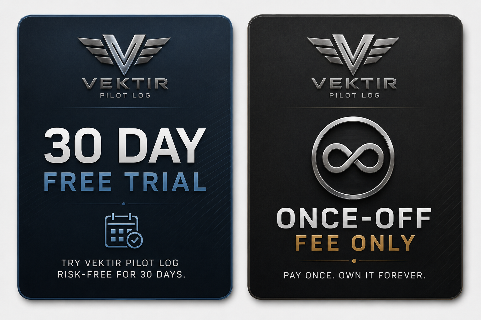 Vektir Pilot Log promotional cards showing a 30 day free trial and once-off fee only